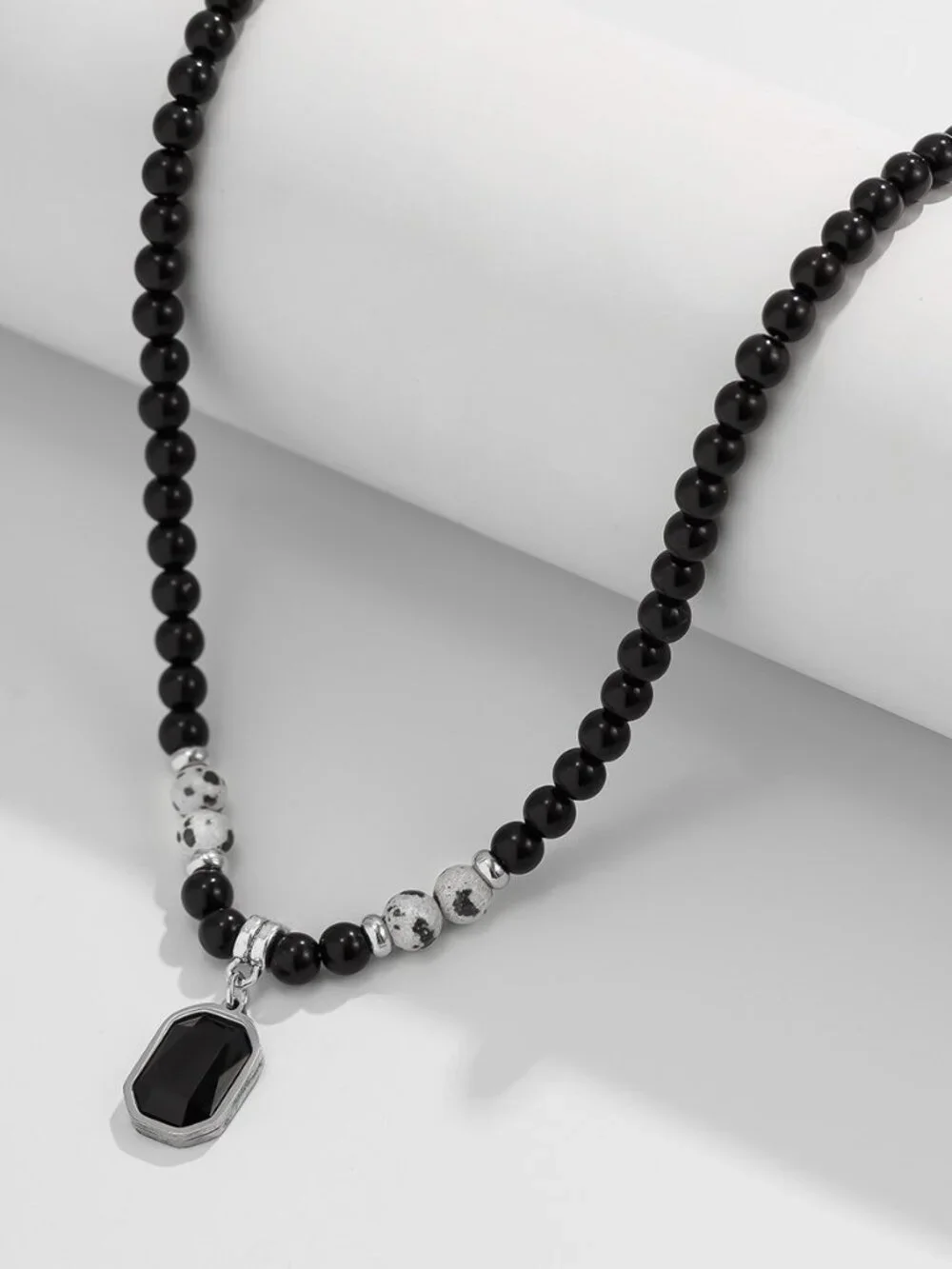 Men’s Black Beaded Necklace with Tiger Eye Stone Square Pendant Everyday Wear Je